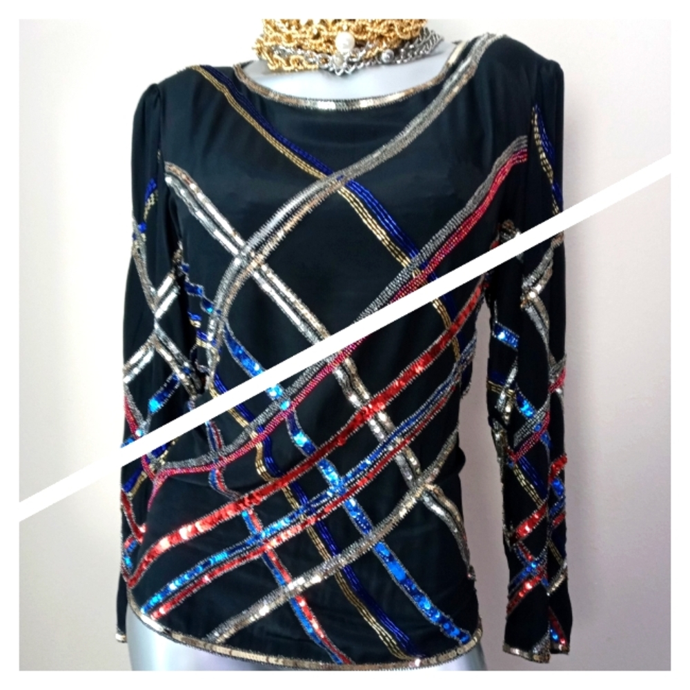 "ARGENTI" VinTage 100% Silk Sequins & Beads Cocktail Top - Picture 8 of 16